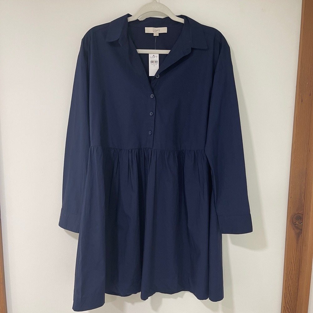 LOFT Empire Waist Shirt Dress Womens Size M Navy Blue Long Sleeve | Preppy